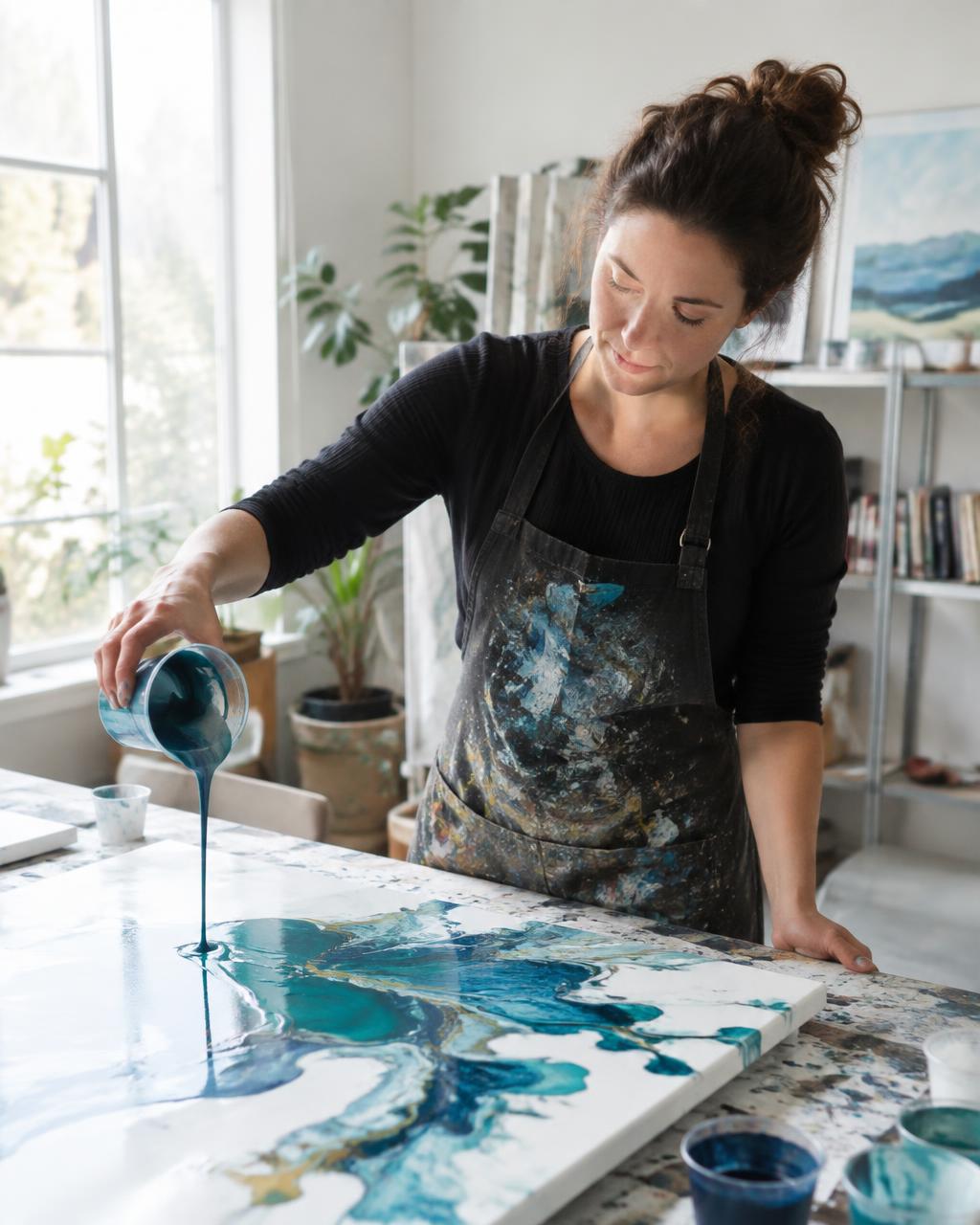 Crystal pouring pigment across a canvas in her studio